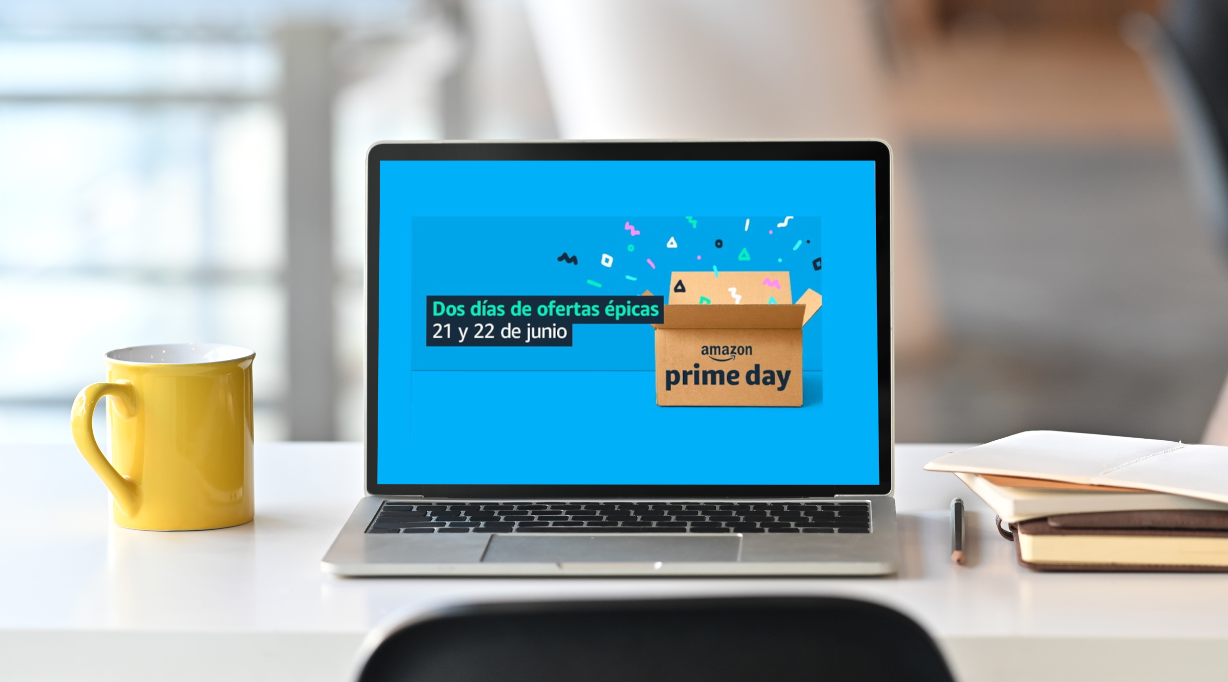 Laptop with white blank screen display and office equipment are putting on the white office desk over the modern office background.