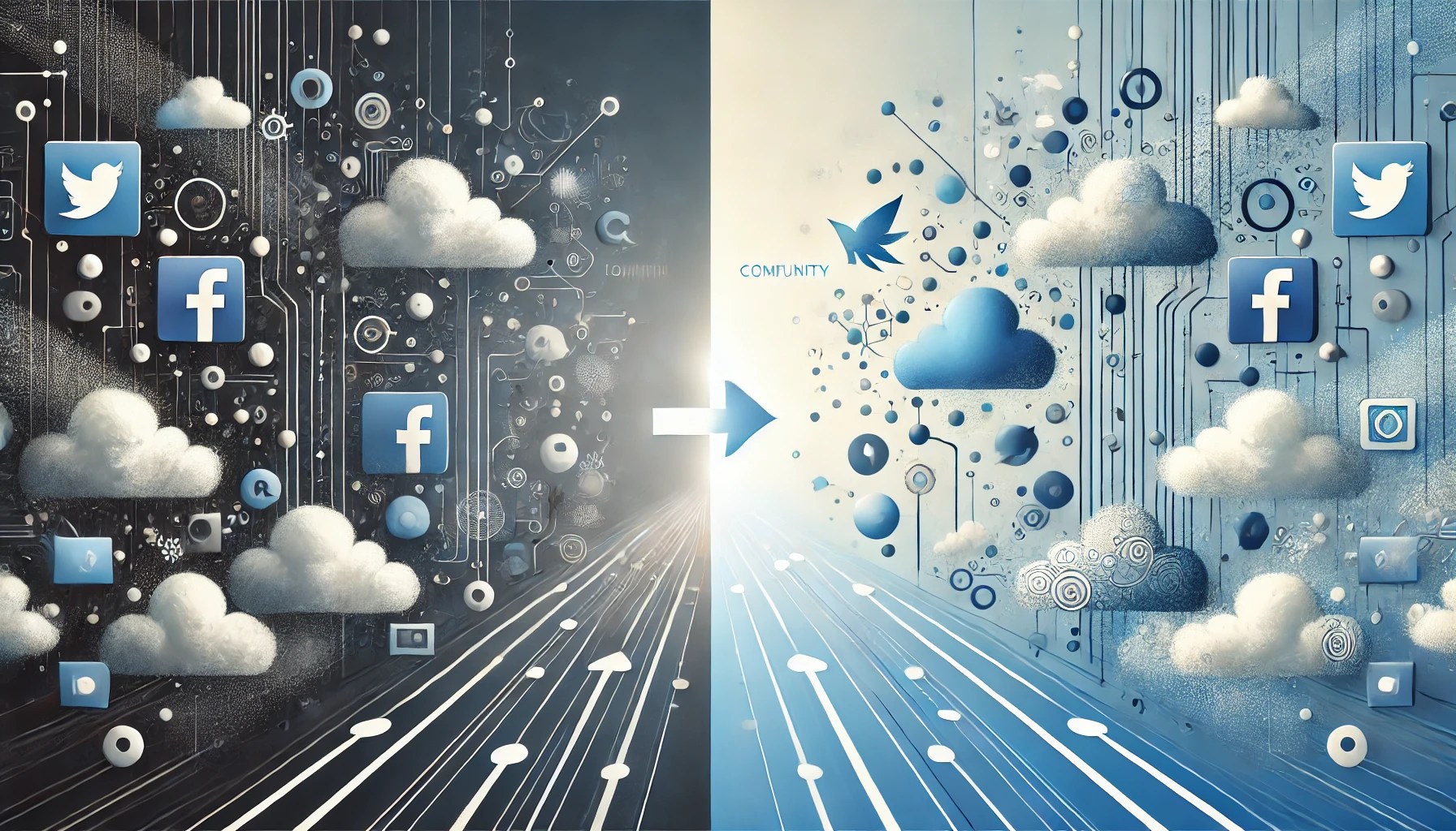 DALL·E 2024-11-11 14.19.23 - A visually engaging illustration showing the transition to a new social media platform. On the left, a darker digital space with minimal symbols of pa